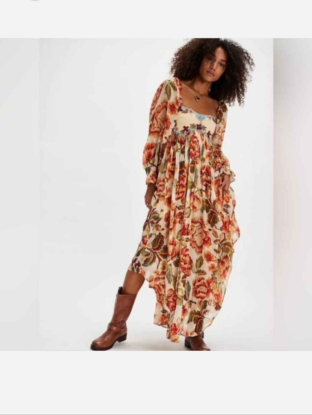 Free People Floral Square-Neck Maxi Dress in Cream, Rust, Green